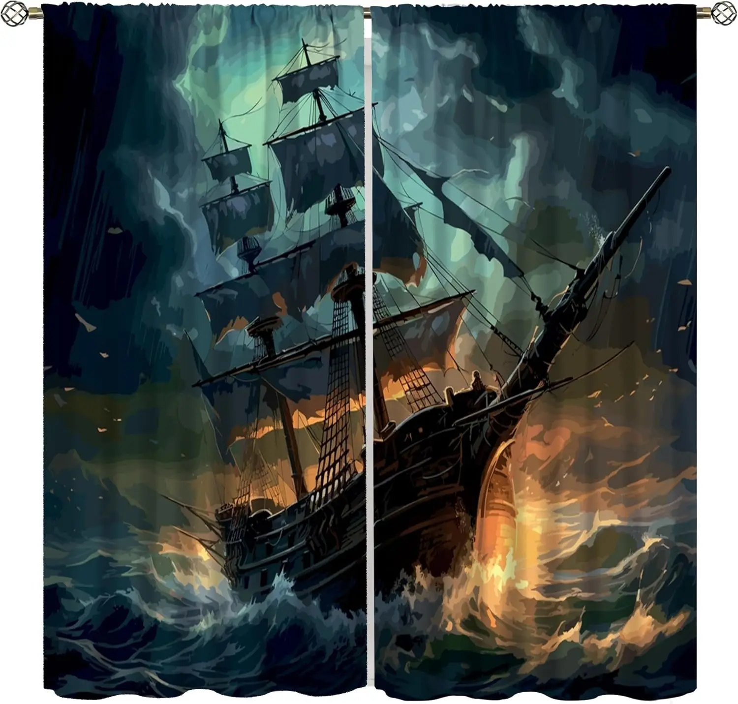 Pirate Ship Curtains, Cartoon Caribbean Flame Black Mist Ship Pirate Decor Windows Treatments, Thermal Insulation Rod Pocket