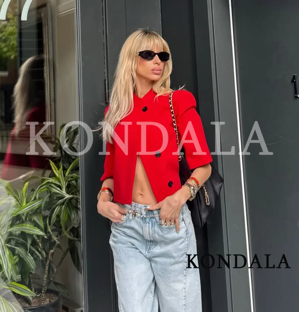 KONDALA Women High Street Red Short Blazer Elegant Commute Chic Short Sleeve Blazer New 2026 Summer Trendy Female Leisure Blazer