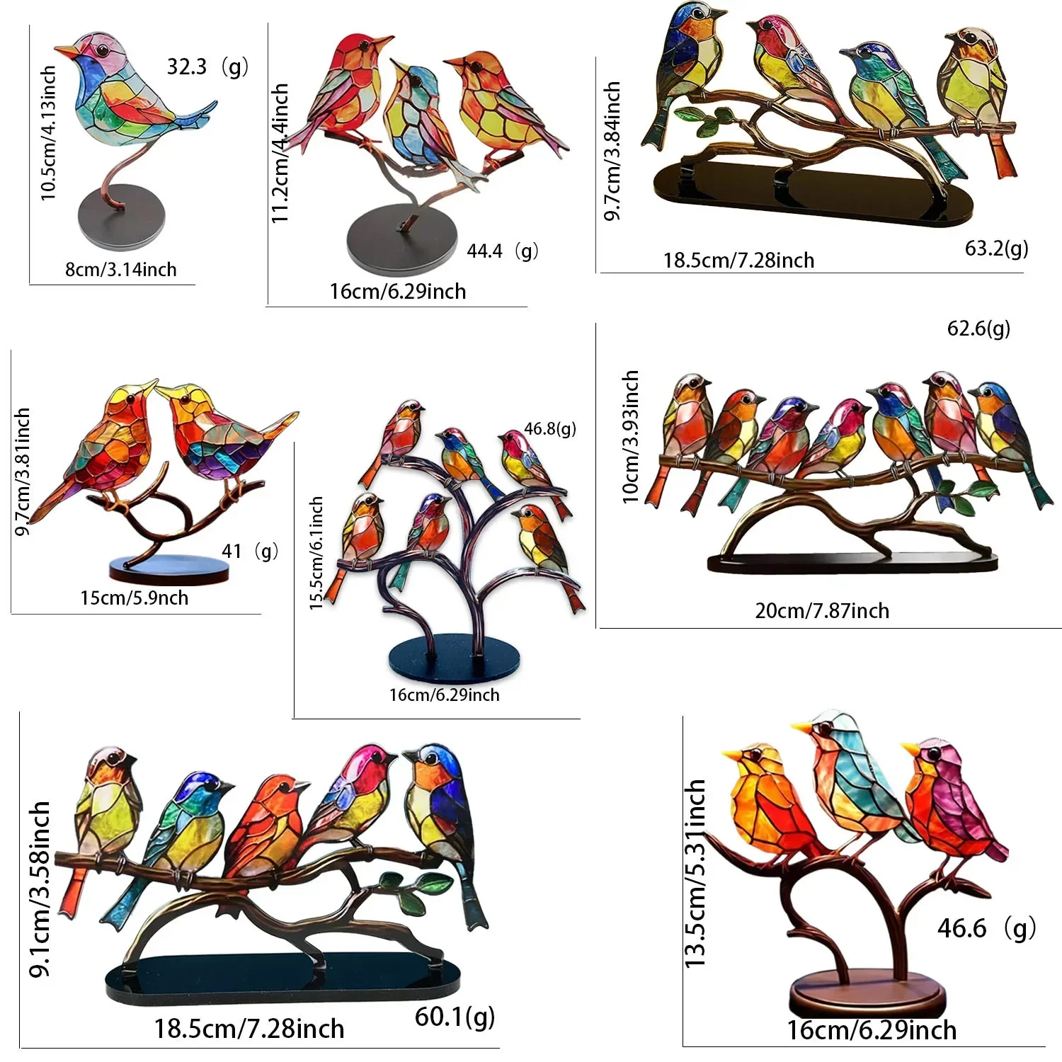 2/3/5bird Stained Acrylic Birds Branch Desktop Ornaments Double Sided Multicolor Style Craft Statue Ornaments Desktop Decoration