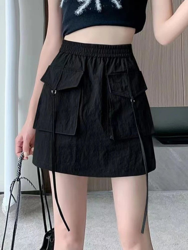 

HOUZHOU Harajuku Vintage Cargo Skirt Women Streetwear A-line Black Mini Skirts Summer High Waist Korean Fashion Pockets