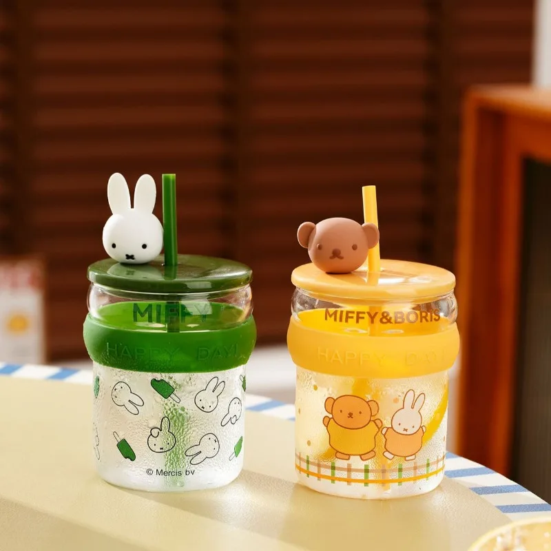 Miffy Anime Cartoon Rabbit Kawaii Glass Cup 450ml Breakfast Milk Juice Cups Cartoon Exquisite Fashion Student Drinking Cups Gift