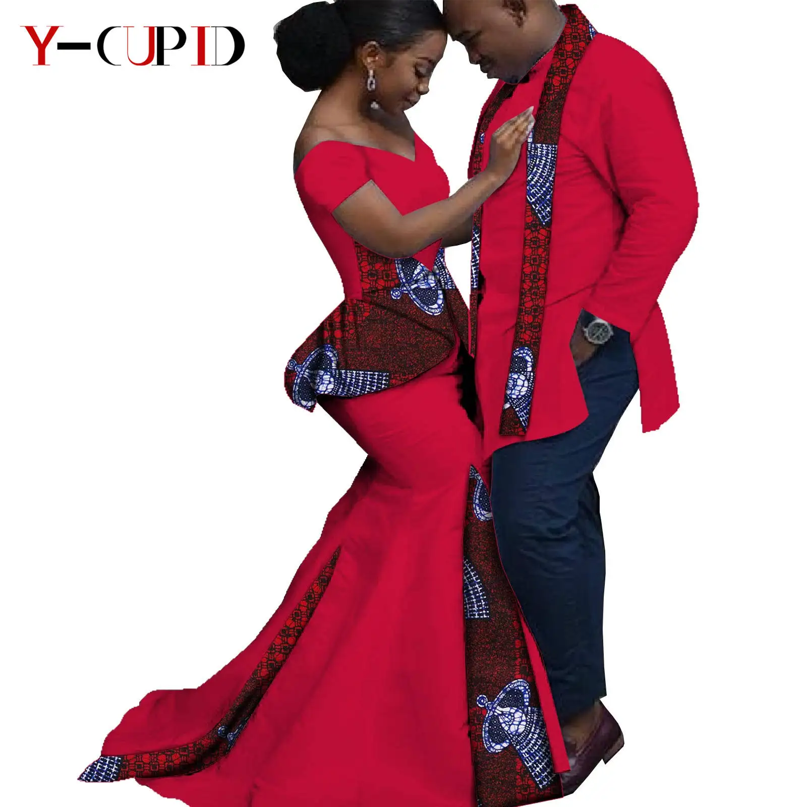 African Print Ruffles Mermaid Long Dresses Matching Couple Clothes Dashiki Men Top and Ankara Scarf  Party Wear S20C013