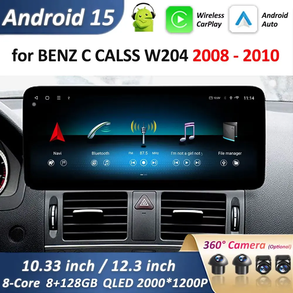 

For BENZ C ALSS W204 2008 - 2010 Ultra-thin QLED Screen Multimedia video player car Android 15 Carplay 2.5D Navi GPS 4G BT