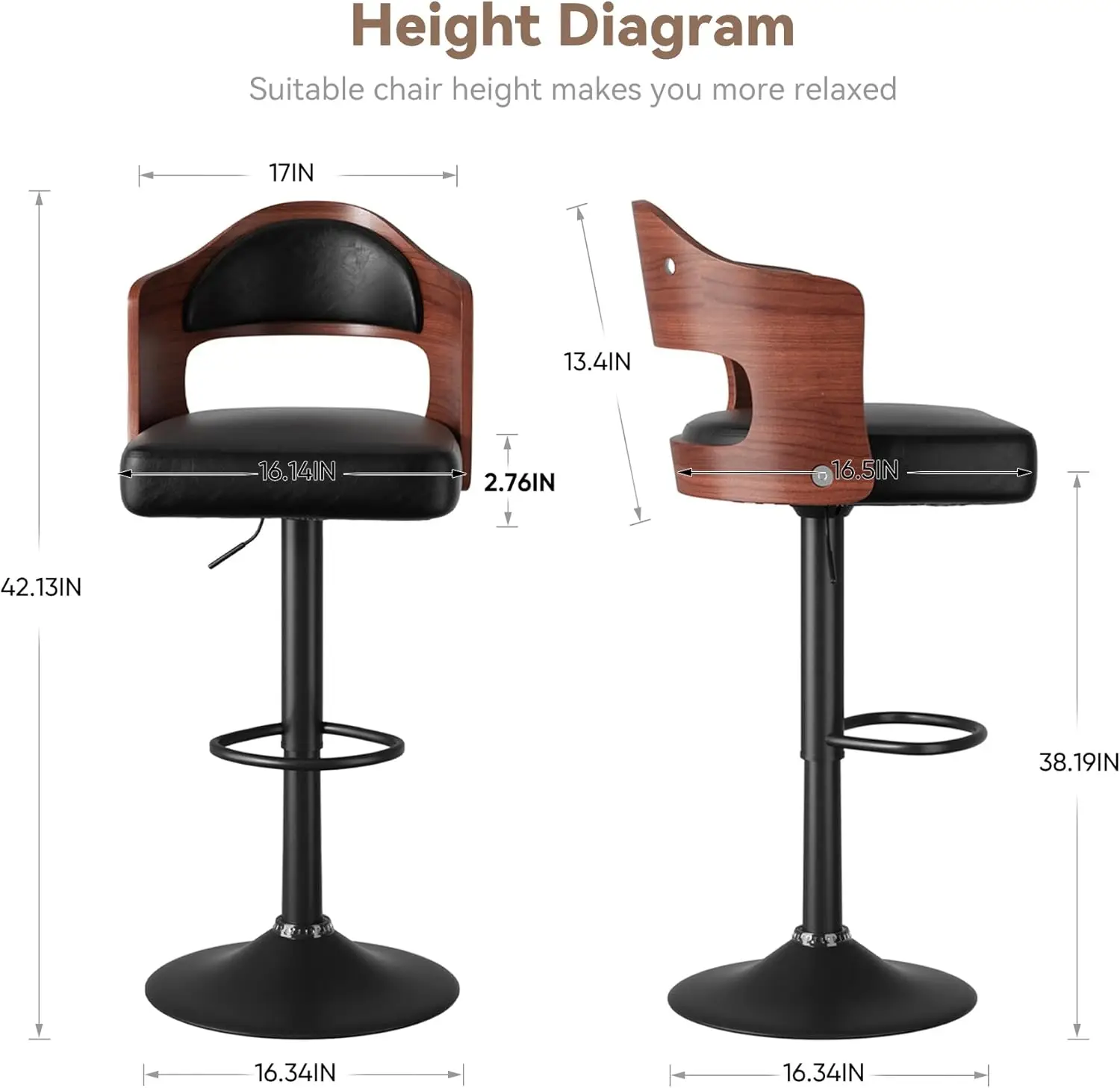 Swivel Bar Stools Set Of 1 Seat Adjustable Height 24.5-33.5In, Wooden Barstools Pu Leather Upholstered Bar Chairs With Back &