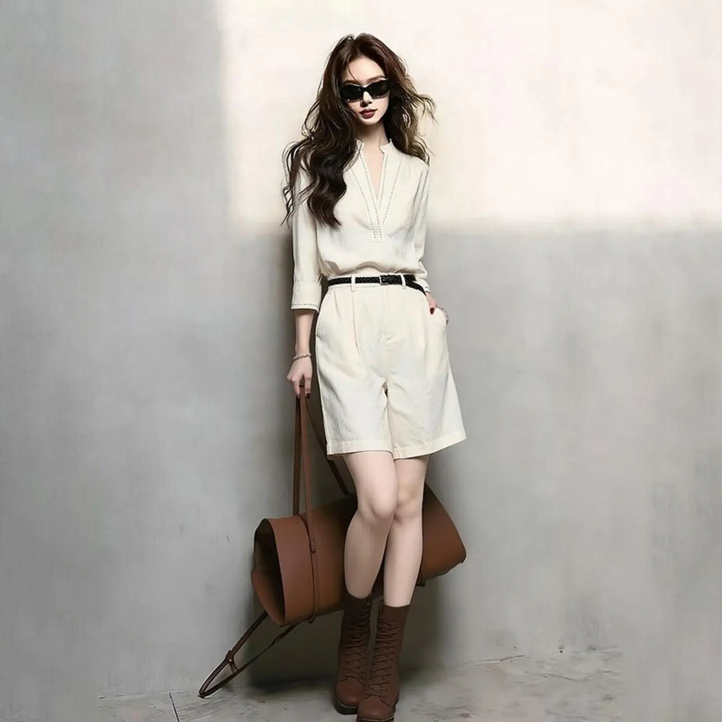 New High End Fashion Cool Two Piece Set Women Suummer Half Sleeve Blouse Shirt + High Waist Short Sets Casual Solid Color