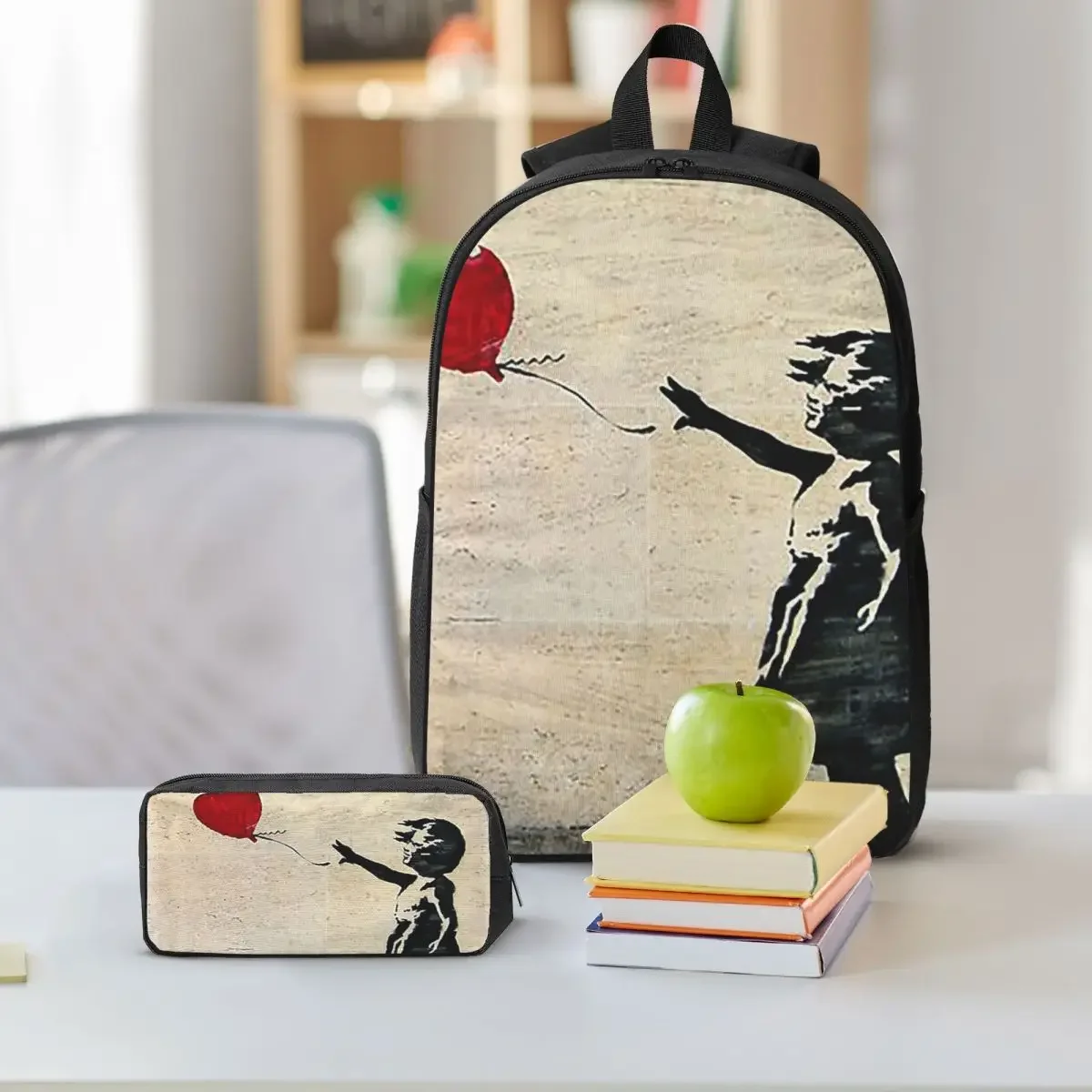 Banksy's Girl With A Red Balloon Backpack Student BookBag School Bag Shoulder Bags 3ps Insulated Lunch Bag Pencil Case