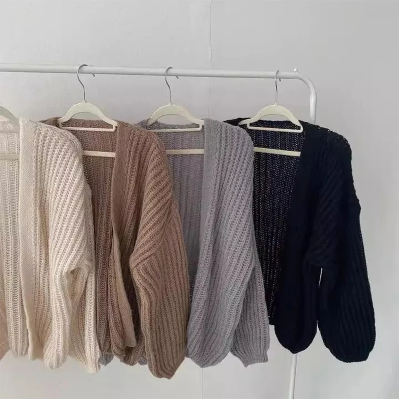 シックな秋冬のゆったりスタイル、Vネック、ルーズで万能なランタンスリーブ、柔らかく心地良いニットのオープンカーディガンセーター、アウターウェア