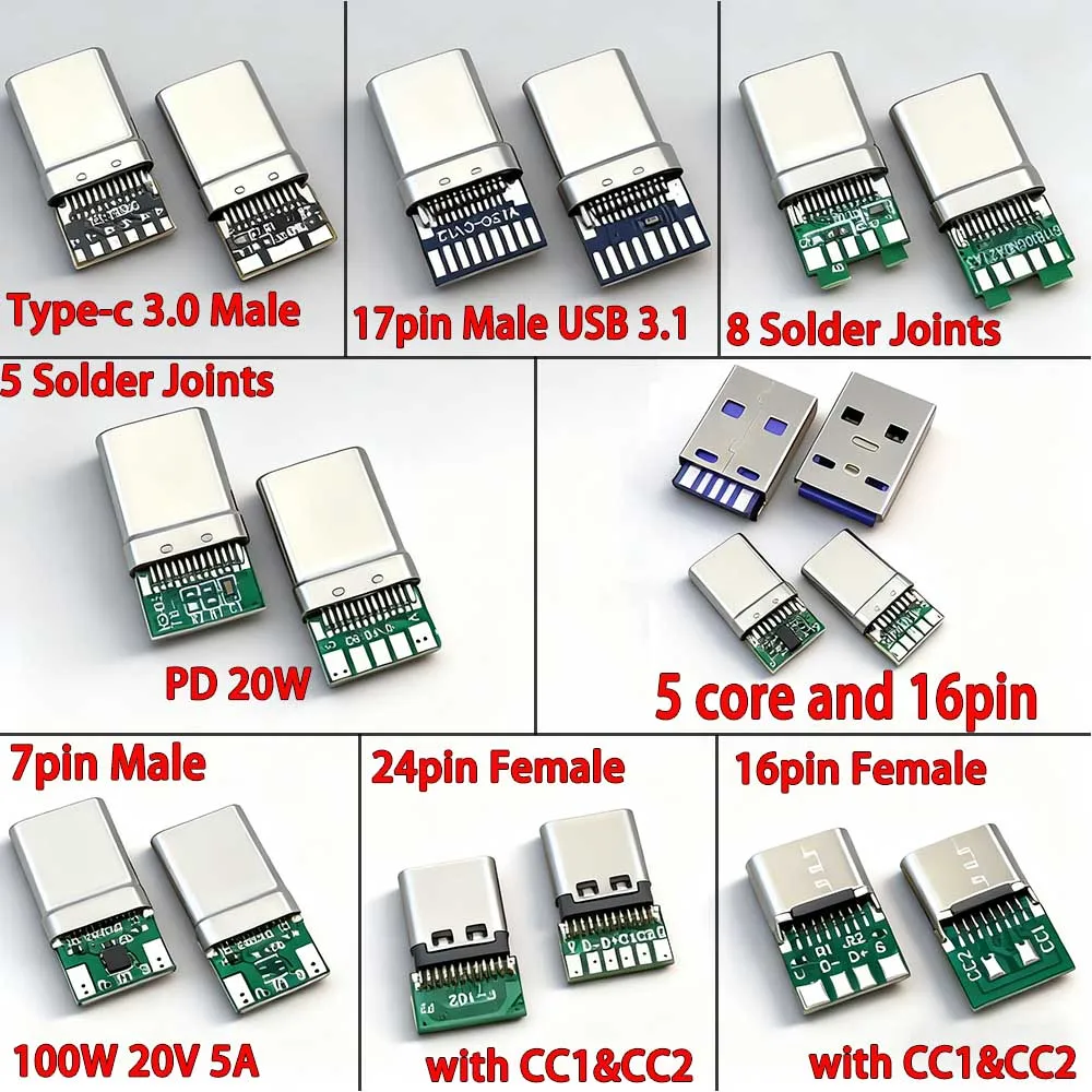 TYPE-C 14P 16P 24Pin Female Socket with Data Cable Module,USB Fast Charging Splint & PCB Connector with CC1/CC2 Dual Resistors