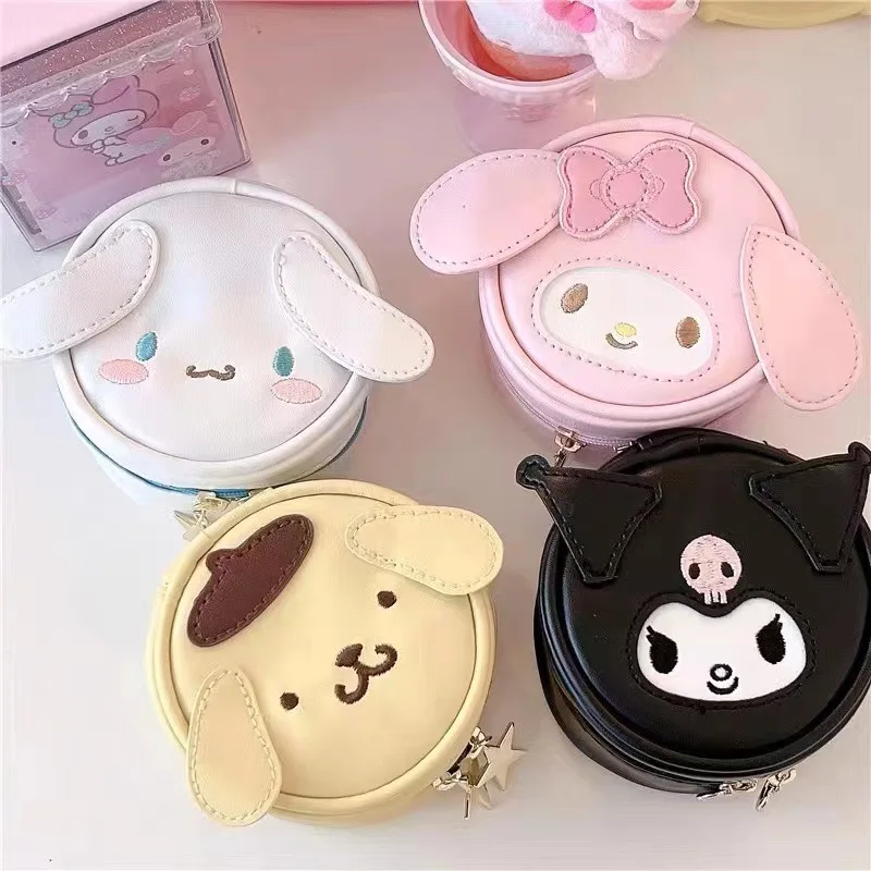 Kawaii Sanrioed Circular Storage Box Cute Cartoon Hello Kitty My Melody Cinnamoroll Portable Leather Jewelry Box Holiday Gift