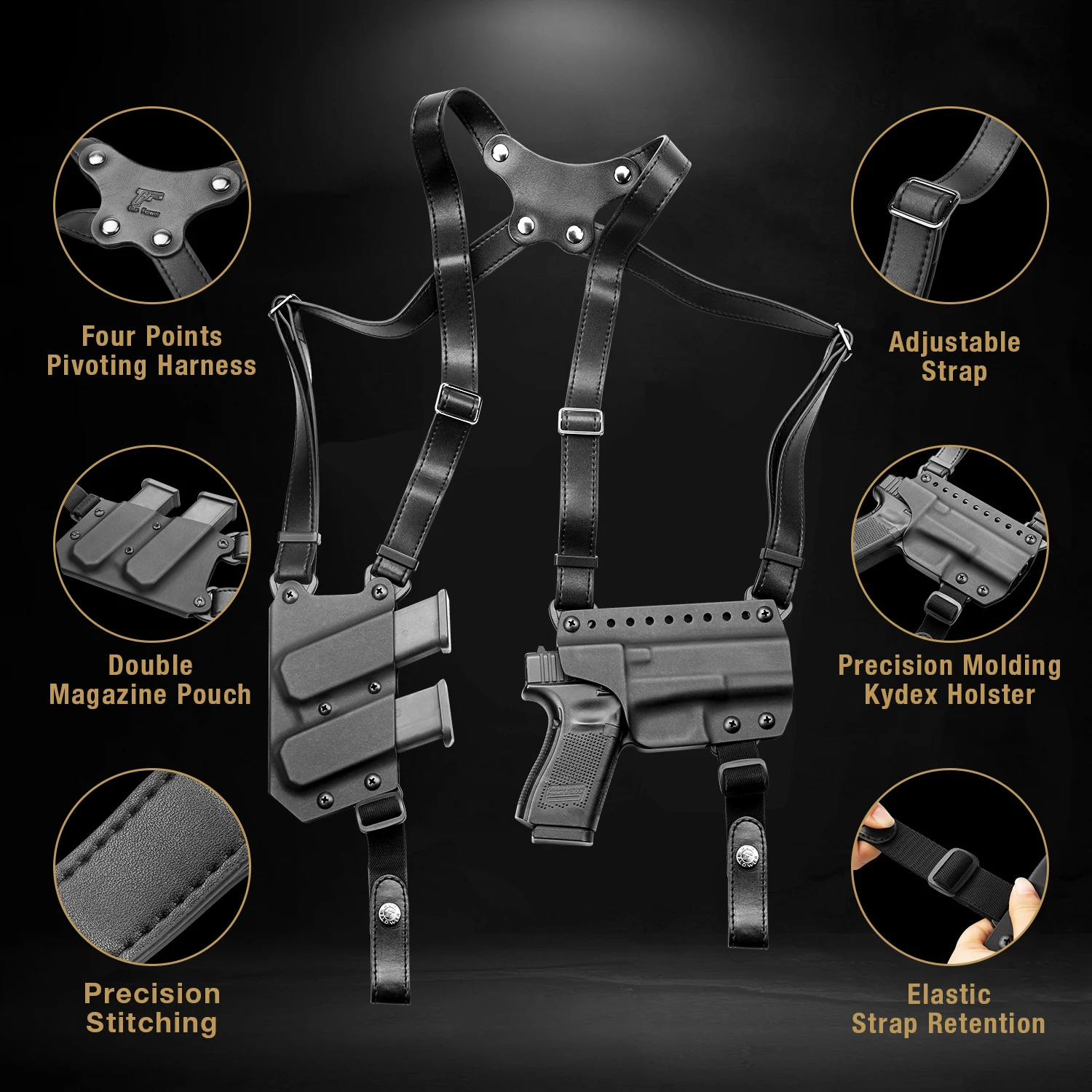 For Glock 17/19, Gun&Flower ,Shoulder Premium Leather & Kydex Concealed Carry Glock 17/19 Holder With Double Mag Pouch