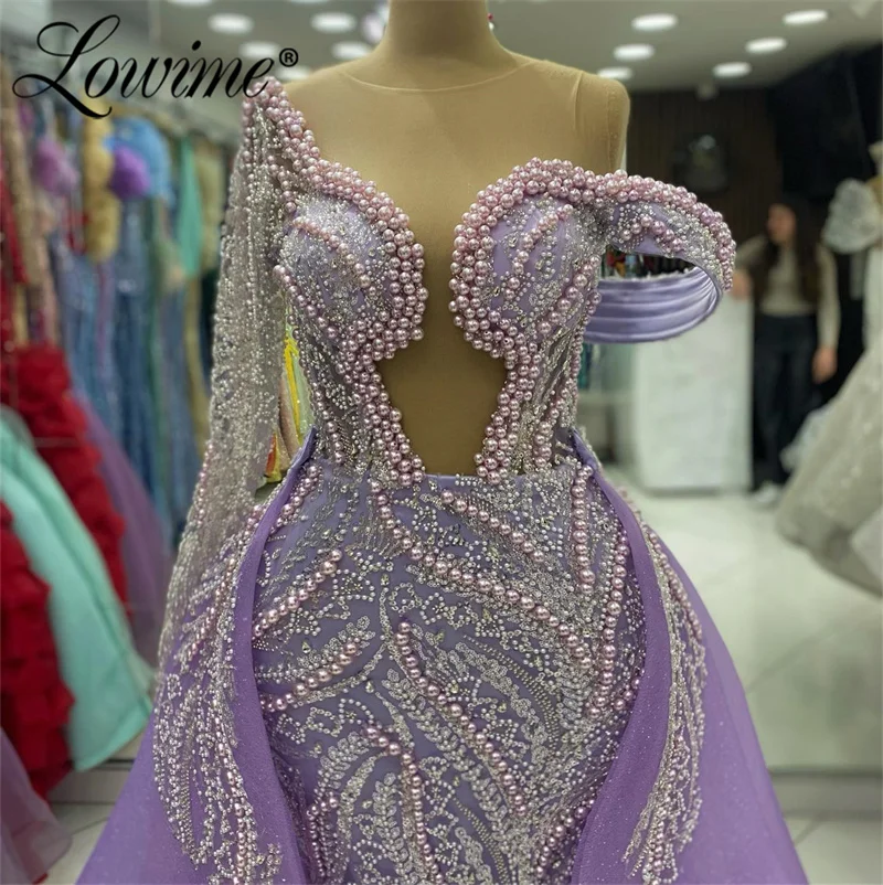 Purple Aso Ebi Beaded Mermaid Prom Dresses 2 In 1 Arabic Long Sleeves Evening Dress With Overskirt 2024 Woman Engagement Gowns