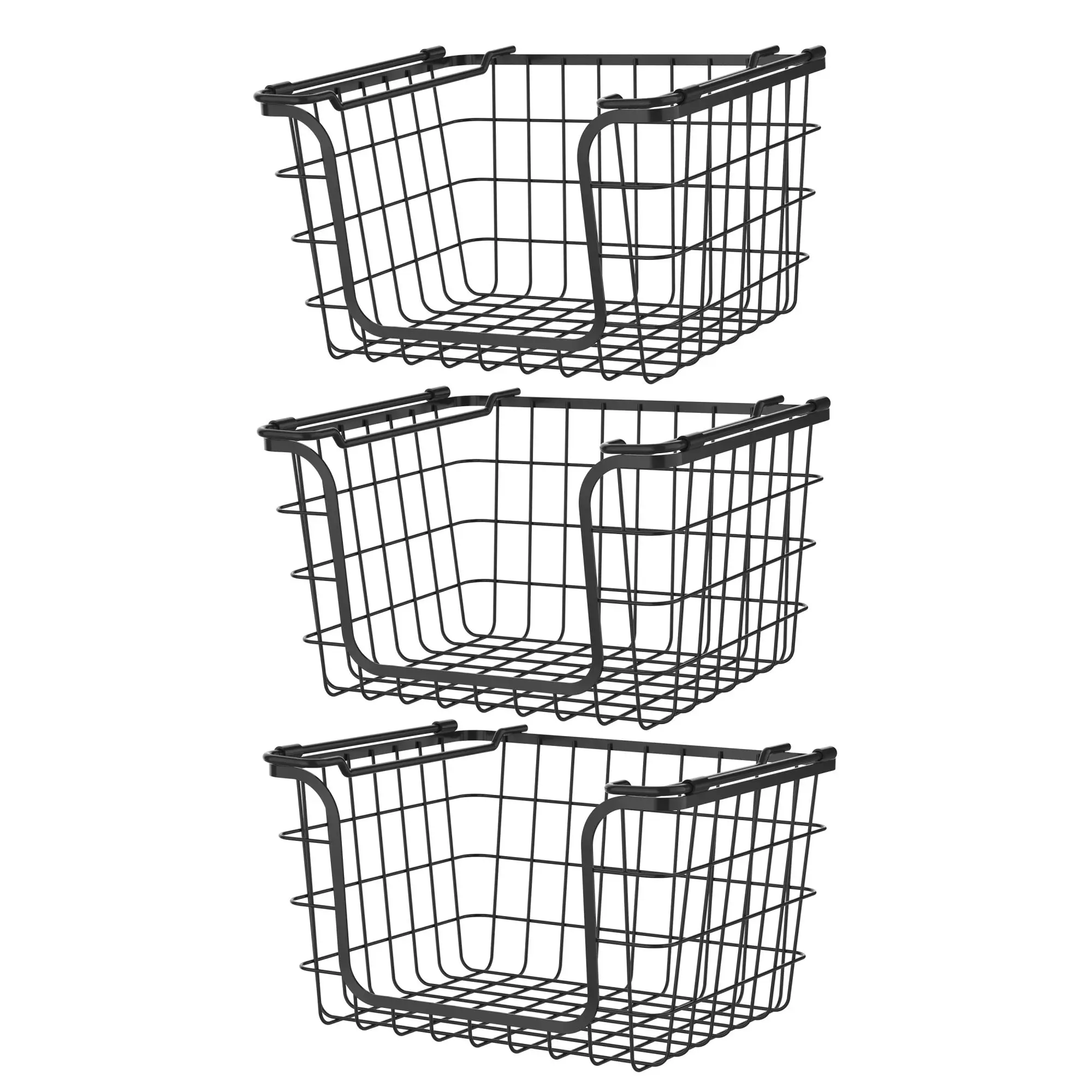 

Stackable Metal Wire Storage Basket Set for Pantry, Countertop, Kitchen or Bathroom – Black, Set of 3