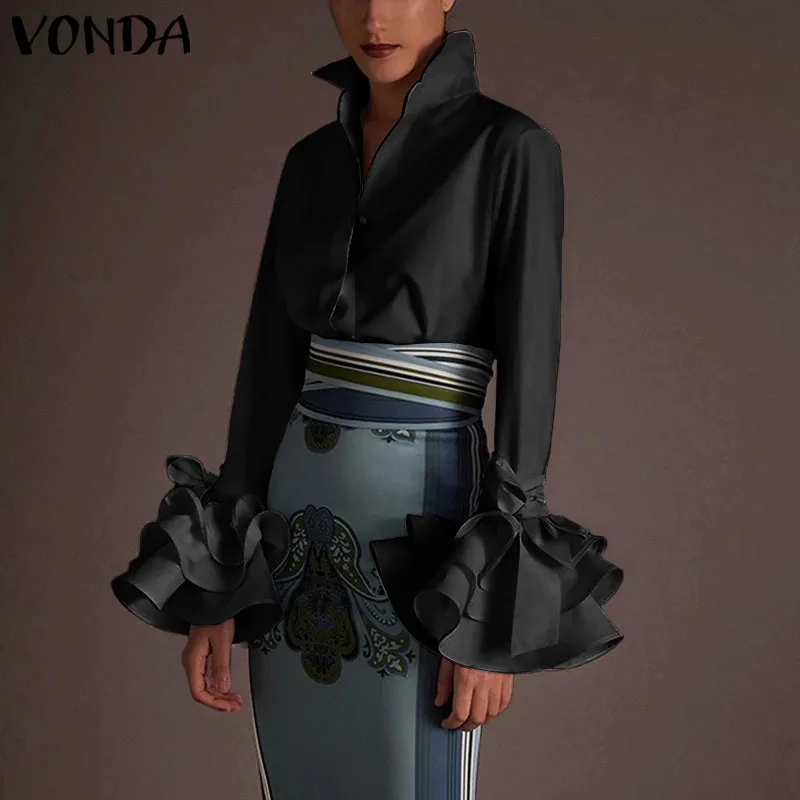 VONDA Lady Lapel Neck Button Women Shirts 2023 Casual Solid Color Top Puff Sleeve Blouse Shirt Autumn Long Sleeve Elegant Office