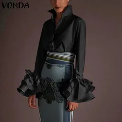 VONDA-Chemisier bouffant à manches longues pour femmes, chemise décontractée, haut de bureau élégant, col à revers, chemise boutonnée, monochromatique, document, dame, automne, 2023