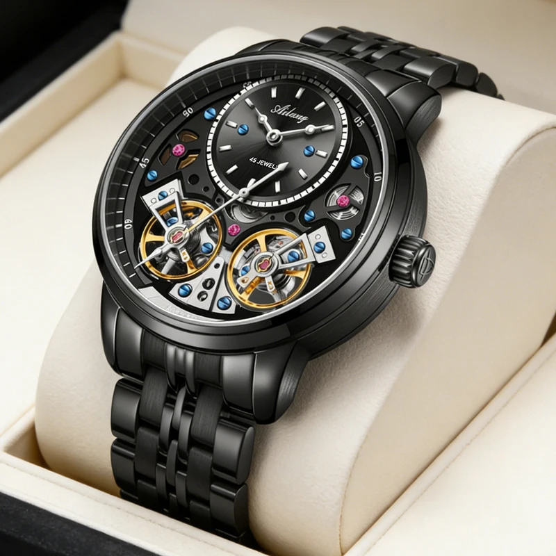 2026 Super Cool Black Steel Double Tourbillon Men's Watches Independent Seconds Automatic Mechanical Watch Men Fashion Relogio