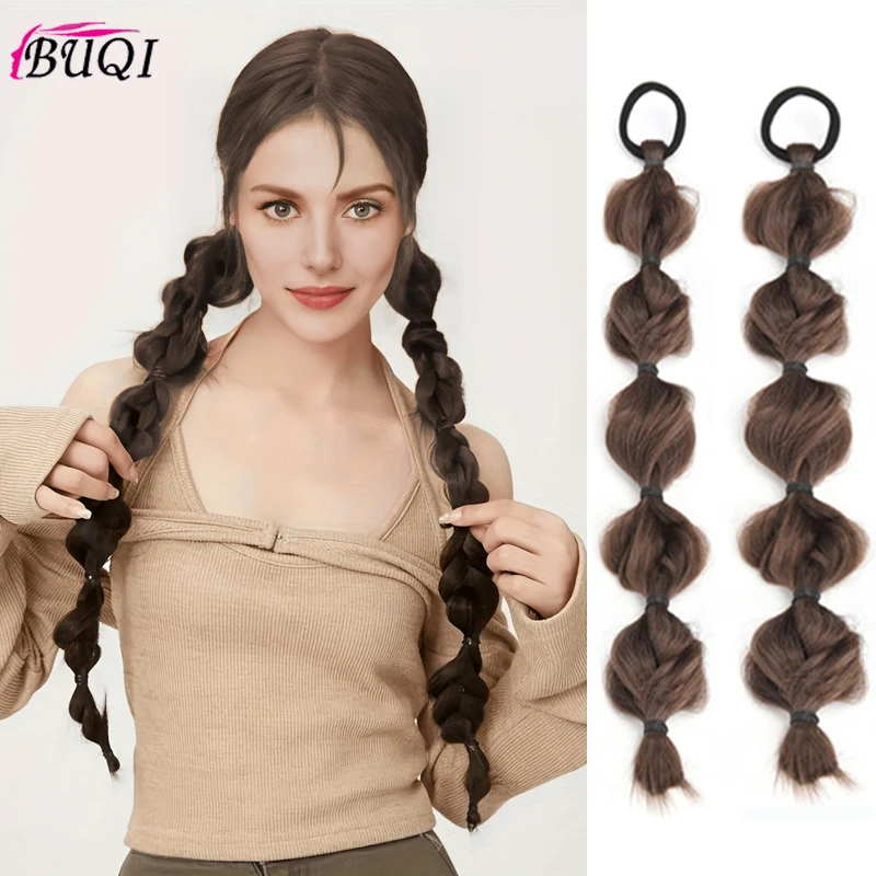 Synthetic Bubble Twist Ponytail High Elastic Wig Woman Hair Side Natural Lantern Braid Black Horsetail Hairpiece