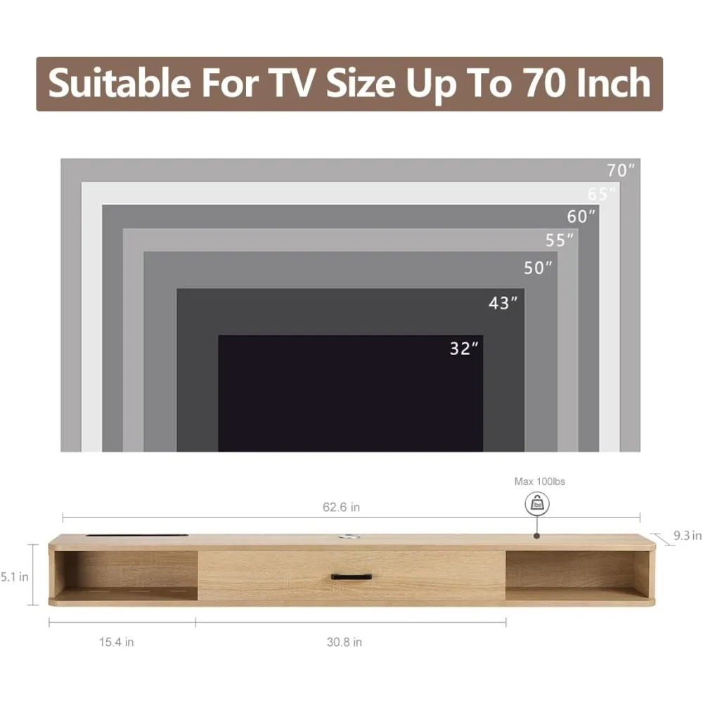 حامل تلفزيون عائم مقاس 70 بوصة مع حامل جداري وتخزين لوحدة التحكم في الوسائط ومشغل DVD #2