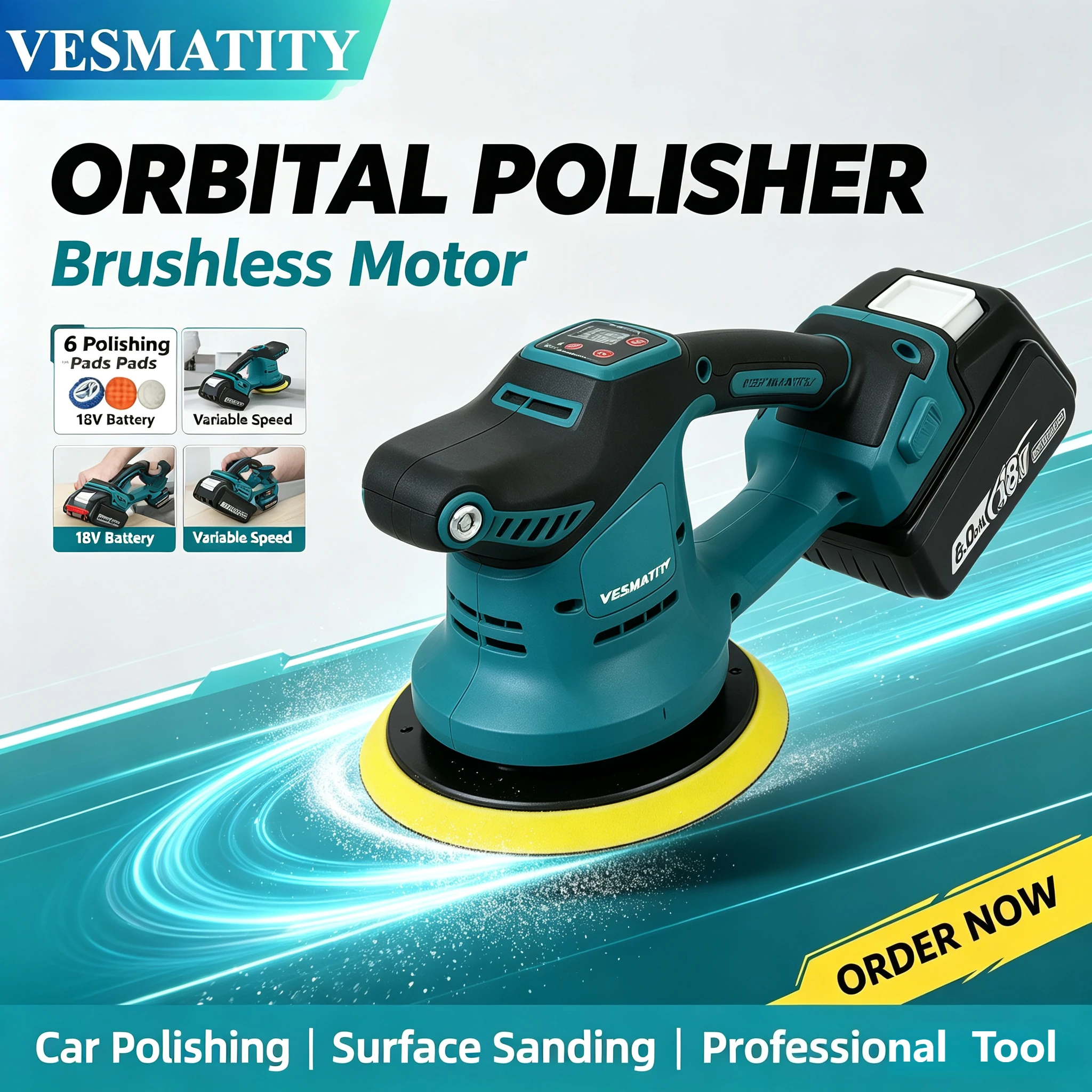Professional grade cordless polisher with brushless motor for auto waxing sealing sanding and glazing for 18V 20V battery
