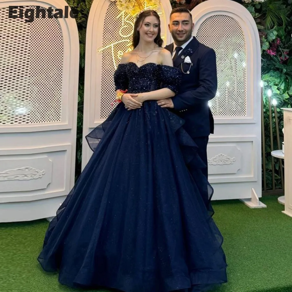 Eightale Navy Blue Prom Dresses Tulle Beaded Shiny Wedding Party Gown Customized Backless Celebrity Dress