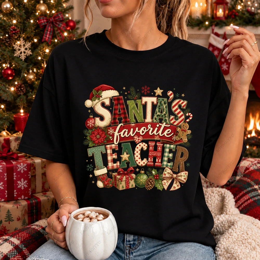 Santas Favorite Teacher Graphic T-Shirt Women Cotton Plaid Letter Gift Print Tee Short Sleeve School Casual Holiday Streetwear