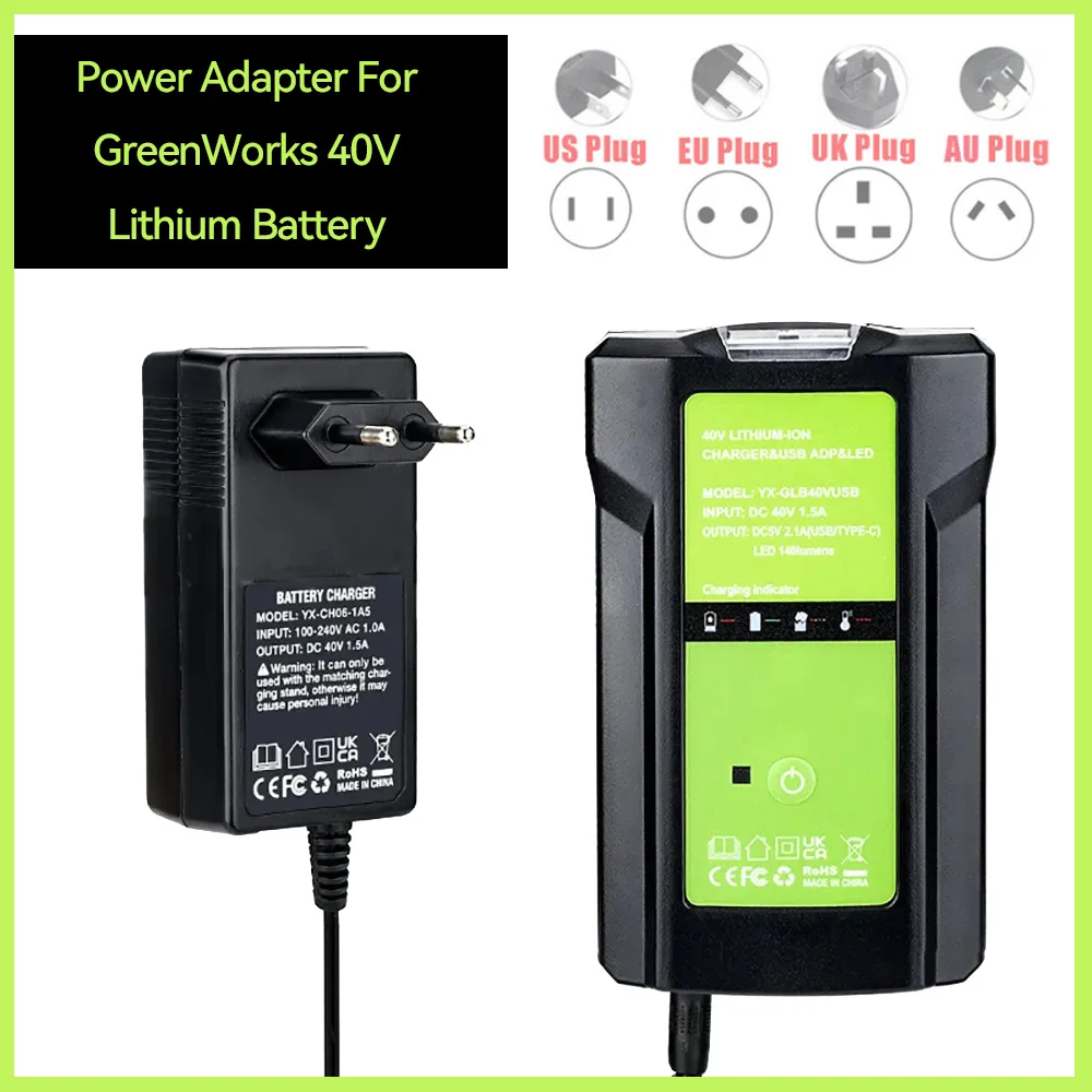 Power Adapter For GreenWorks 40V Lithium Battery Power supply Adapter convert With USB 5V 2.1A And LED Light DC Tool Charger