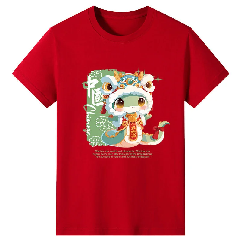 Moda 2025 cobra ano camiseta para homens crianças vermelho ano novo chinês gráfico manga curta feminino 3d impresso em torno do pescoço camisetas