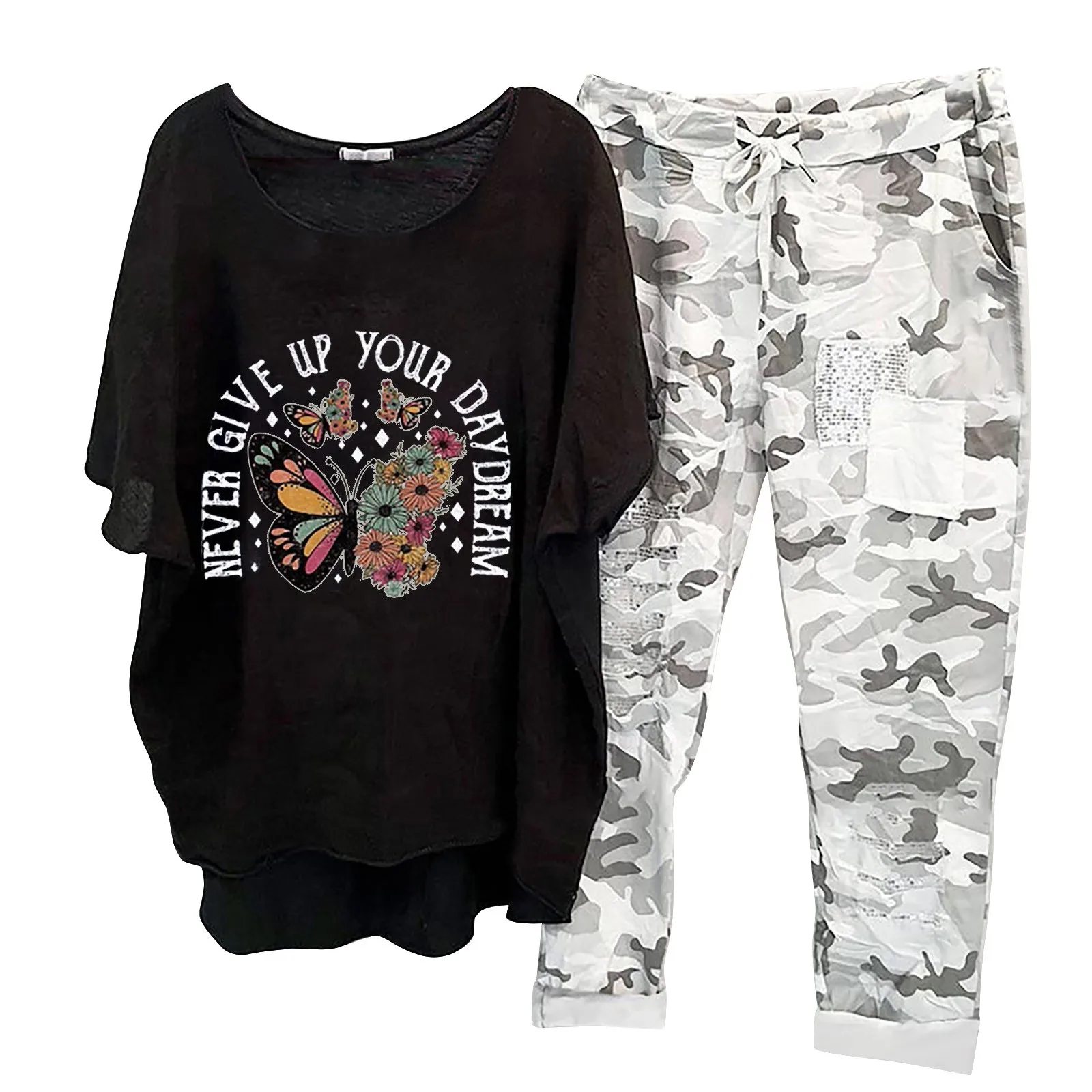 Two Piece Set Spring Summer Loose Women 1 Set T-shirt Pants Camouflage Drawstring Relaxed Fit Asymmetrical Outfit Streetwear