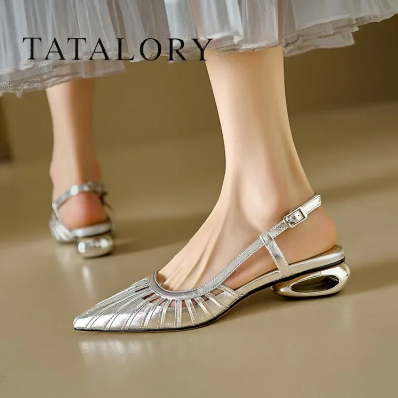 The New Foreign Style Slotted Buckle Strap Toe Sandals Women's Pointed Toe Braided Cut-out Low Heel Hollow Back Single Shoes