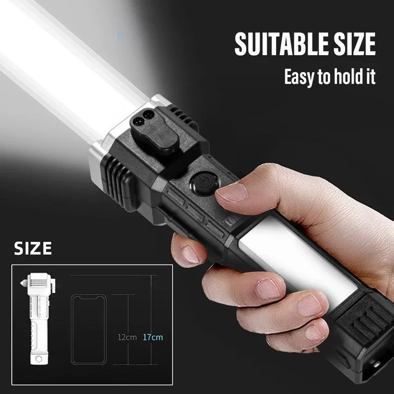 Strong Light Flashlight Safety Hammer Screwdriver Vehicle Tools Ultra Bright Torch USB Power Bank Outdoor Emergency Lighting