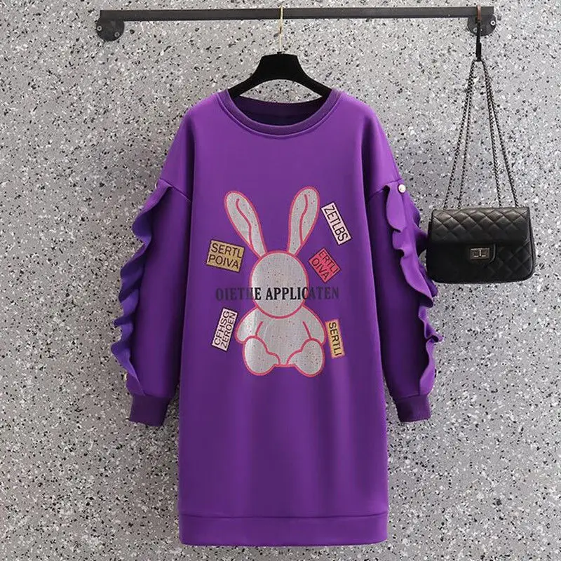 Oversized Clothes Women Dress Autumn Long Sleeved Design Sense Ruffled Stitching Cartoon Printing Casual Loose Pullover Tops