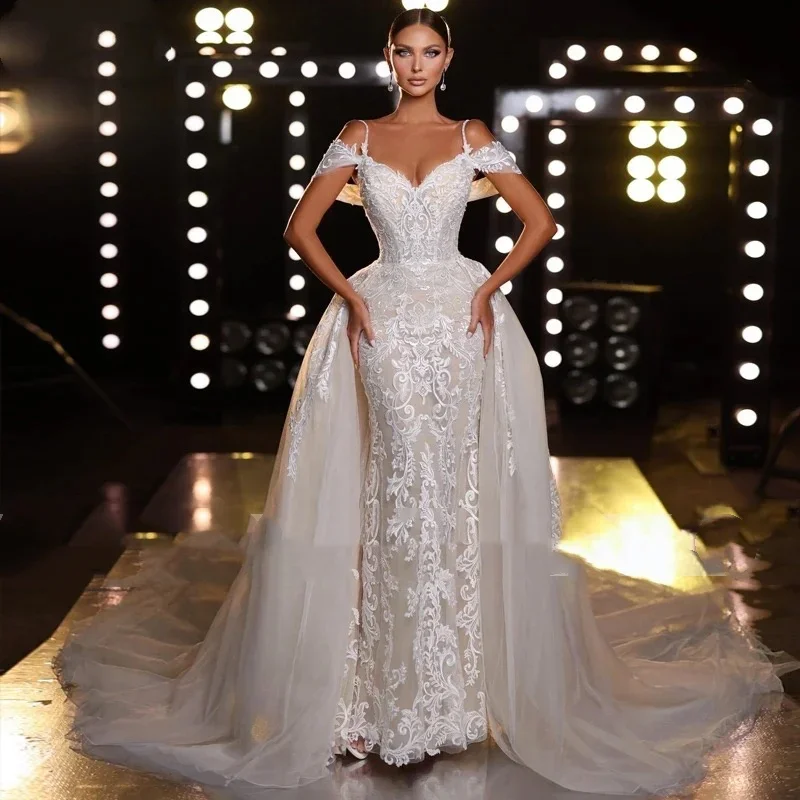 فاخر حورية البحر الشيفون زين فستان زفاف الأميرة 2026 مثير الخامس الرقبة قبالة الكتف المرأة الكرة فستان زفاف مخصص