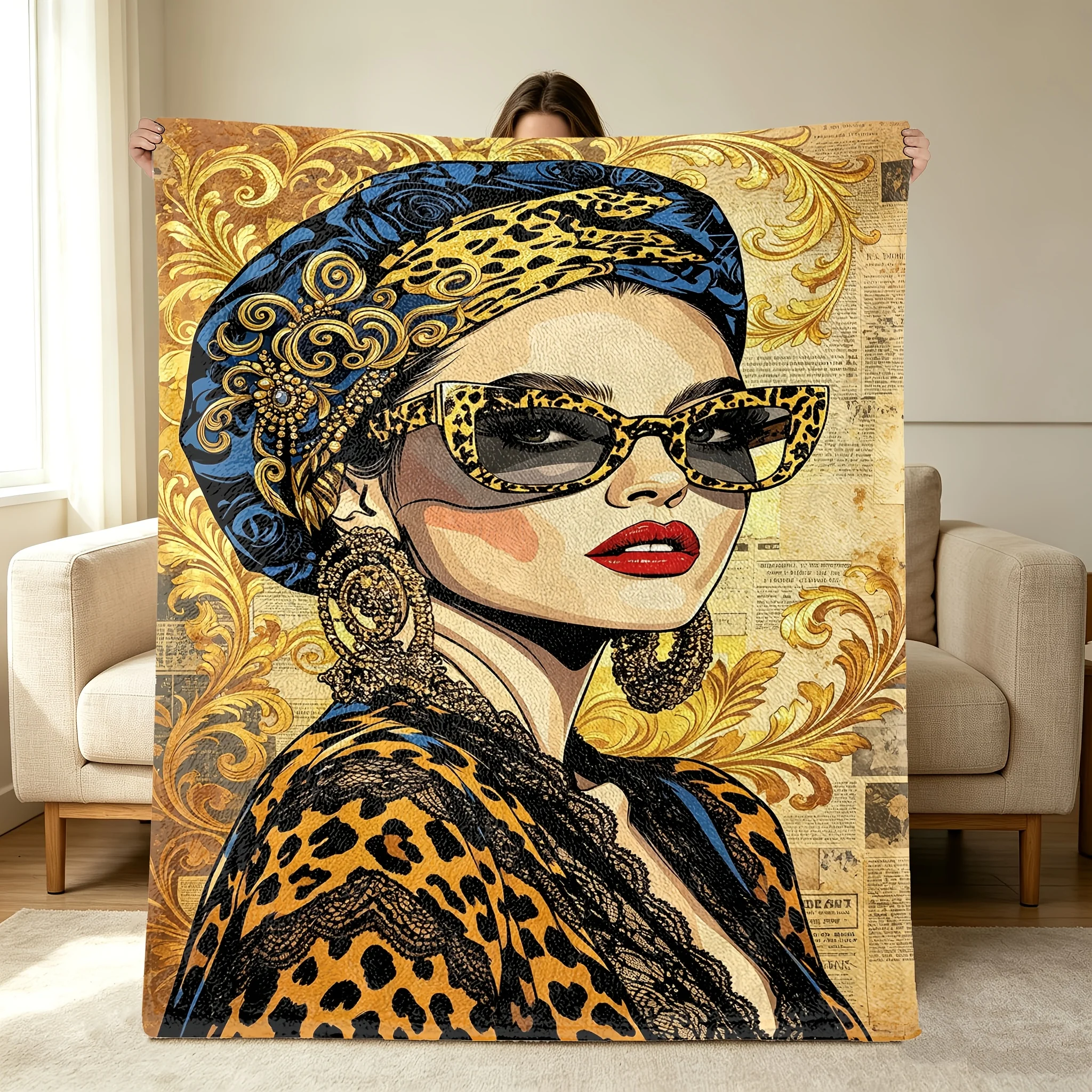 1pc Small Cover Blanket, Nap Blanket, Throw Blanket, Retro Pop Women'S Portrait, Golden Retro Texture, Suitable for Office, Camp