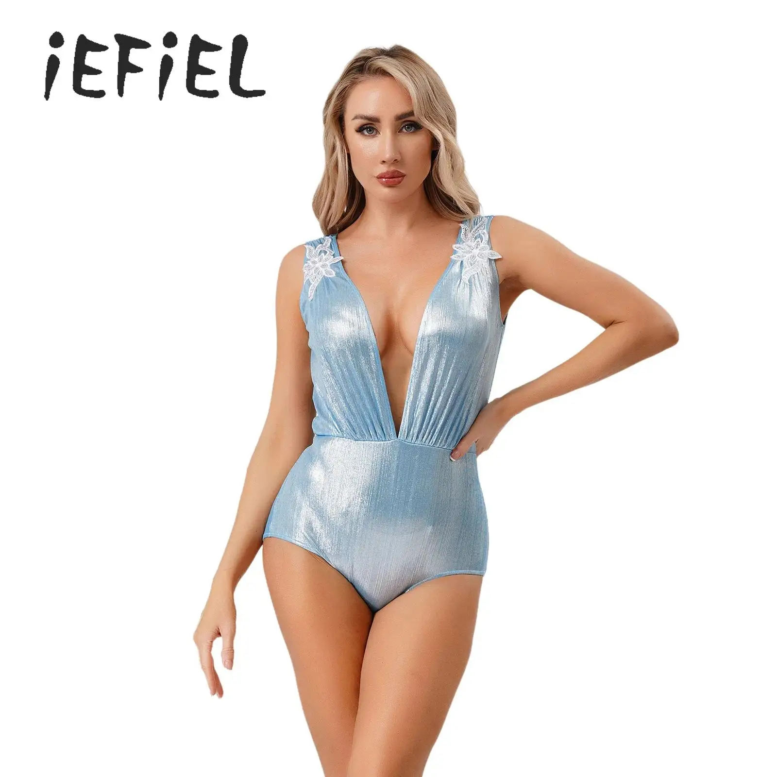 

One Piece Women Sexy Plunge V Neck Swimsuits Swimwear Glittery Embroidery Sleeveless Bikini Bathing Suit Swimming Beach Wear