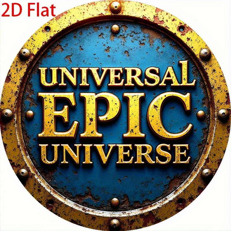 مسطح ثنائي الأبعاد، قطعة واحدة من لافتة ديكور الحائط المستديرة القديمة تشبه المعدن العتيق - حروف ذهبية ملحمية للكون، مخطط ألوان أزرق وذهبي ريفي #3