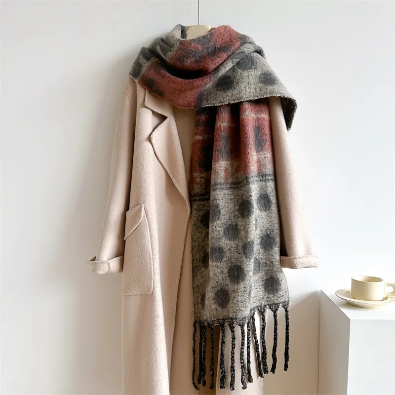 Women Scarf Imitation Cashmere Autumn Winter Dot Warm Shawl Thickening Tassel Neckerchief Female Soft Fashion Elegance Scarves