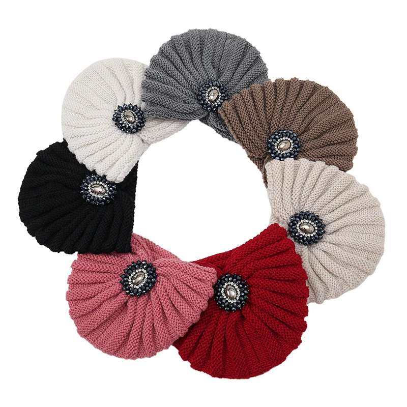 Women Knitted Turban Hat Diamonds Bohemia Muslim Hijab scarf India Hat Wool Bonnet Turbante Cap Turbante Mujer Solid Winter Cap