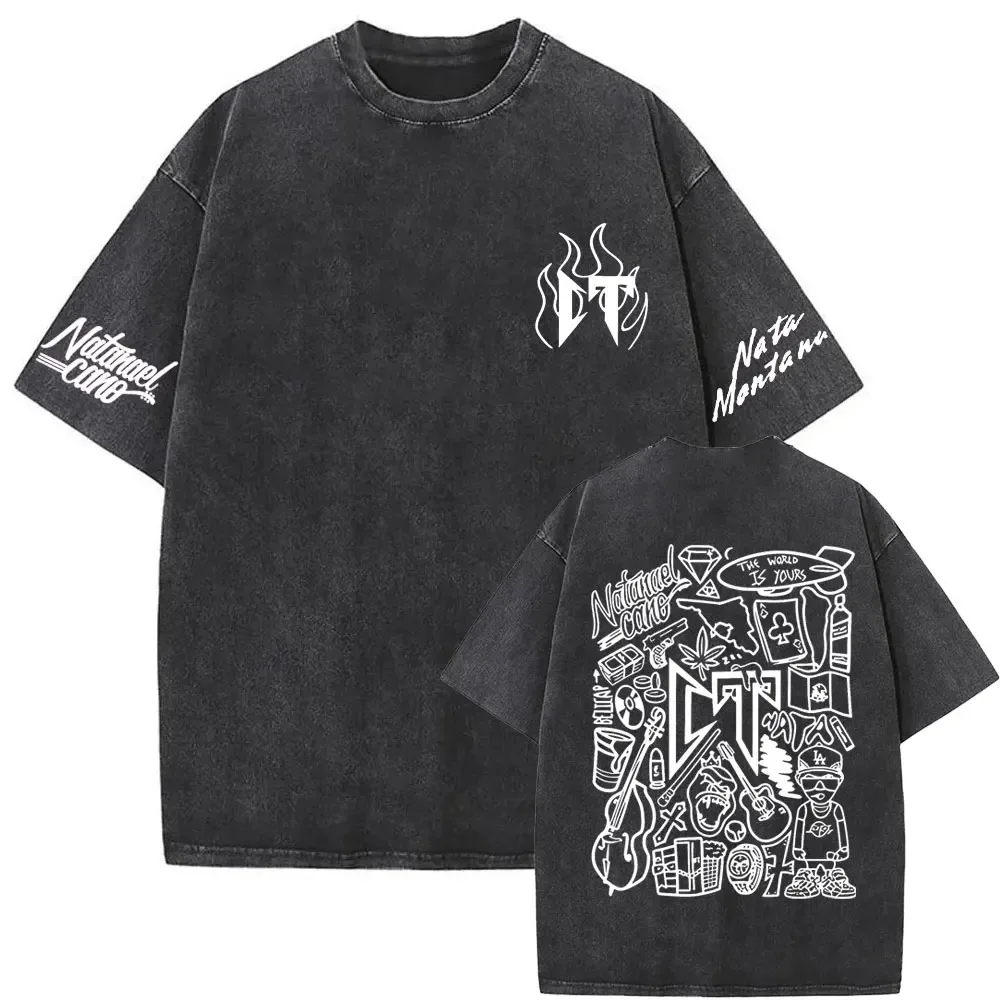 Singer Natanael Cano Corridos Tumbados Sloth CT Graphic Washed Tshirt Men Oversized Vintage T-shirt Men Hip Hop Black Tees