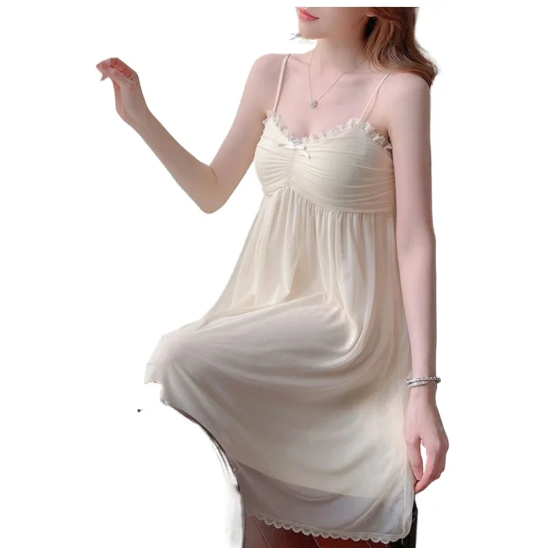 

New Pajamas Women's Summer Lace Edge Mesh Sweet Court Fairy Princess Wind Spring and Autumn Loungewear Nightdress Sexy Sleepwear