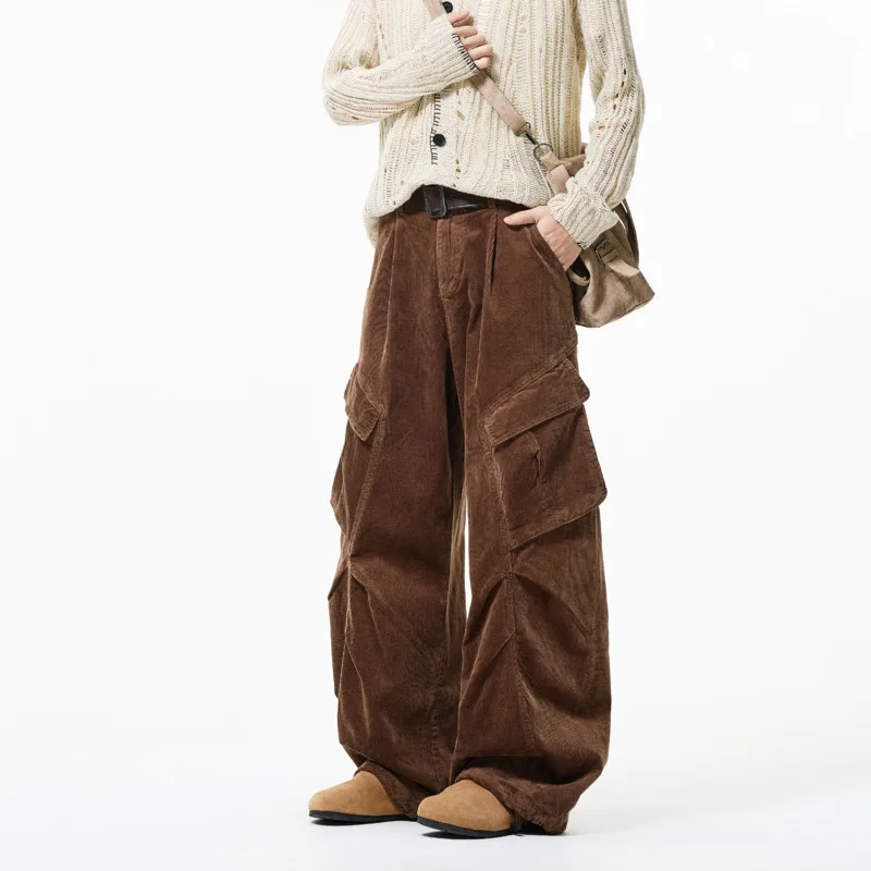 

Brown Corduroy Pants Men Fashion Retro Black Cargo Pants Men Japanese Streetwear Loose Wide Leg Pants Mens Vintage Trousers
