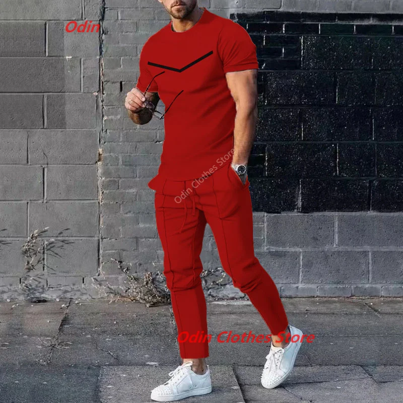 New Trend Summer Men Solid Color Trousers 2 Pieces Sets Tracksuit T-shirts +Long Pants Sportwear Jogging Suit Men Clothing