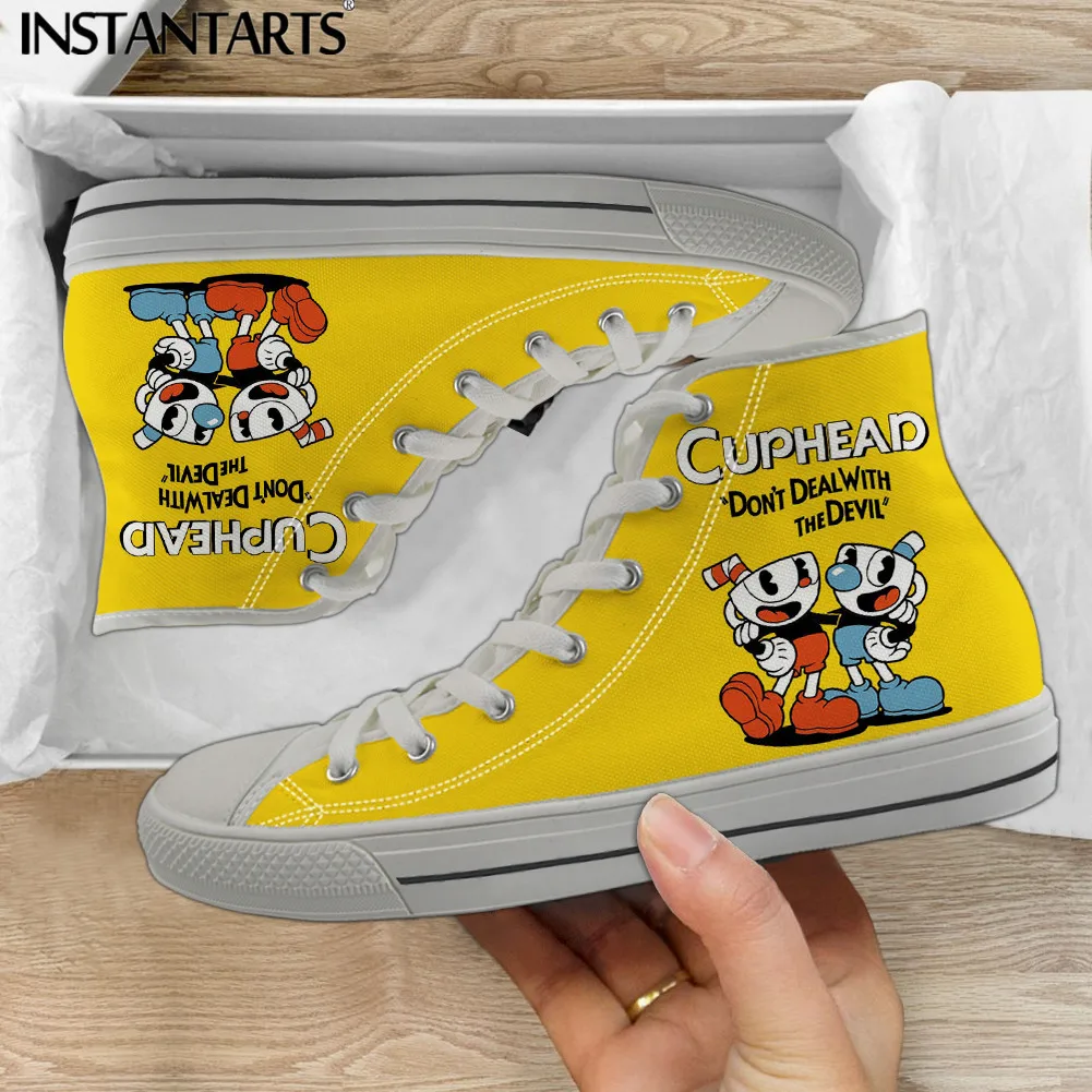 Game Cuphead Mugman Cartoon Pattern Casual Lace Up Sneakers For Men Boys High Top Canvas Footwear Vulcanized Shoes