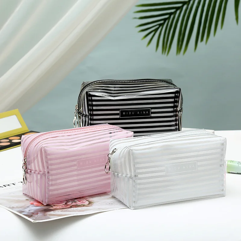 Summer Refreshing Translucent Large Capacity Storage Bag PVC Square Striped Minimally Designed Makeup Bag Makeup Brush Storage B