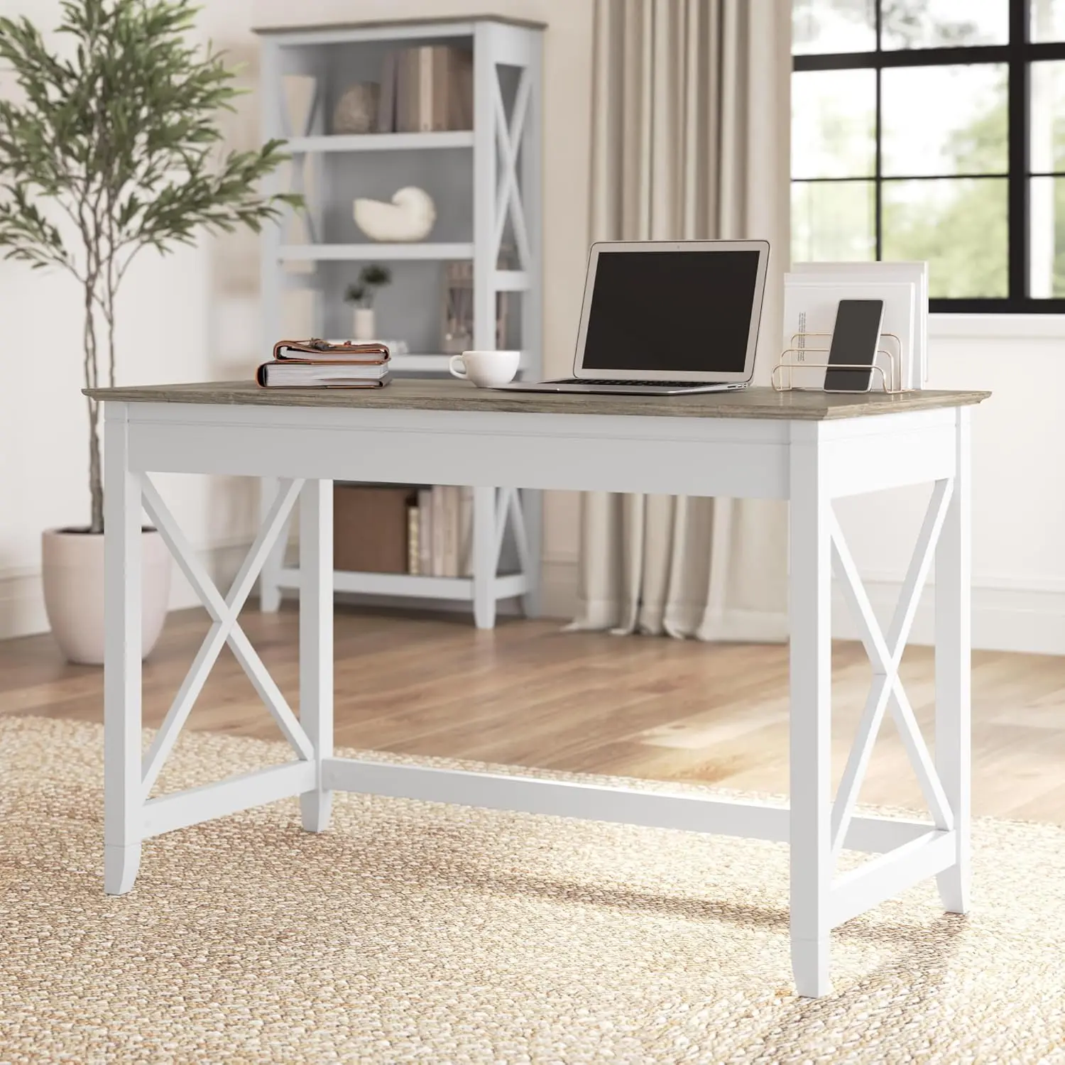 Key West Writing Table for Home Office | Small Modern Farmhouse Desk, 48W, Pure White and Shiplap Gray