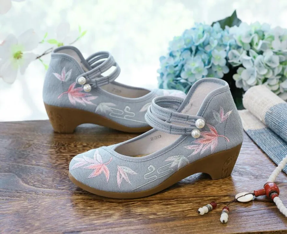 Women Ankle Button Strap Pumps Ethnic Embroidery Mary Jane Dress Shoes Mid Heel Cotton Fabric Espadrilles Vintage Sandals