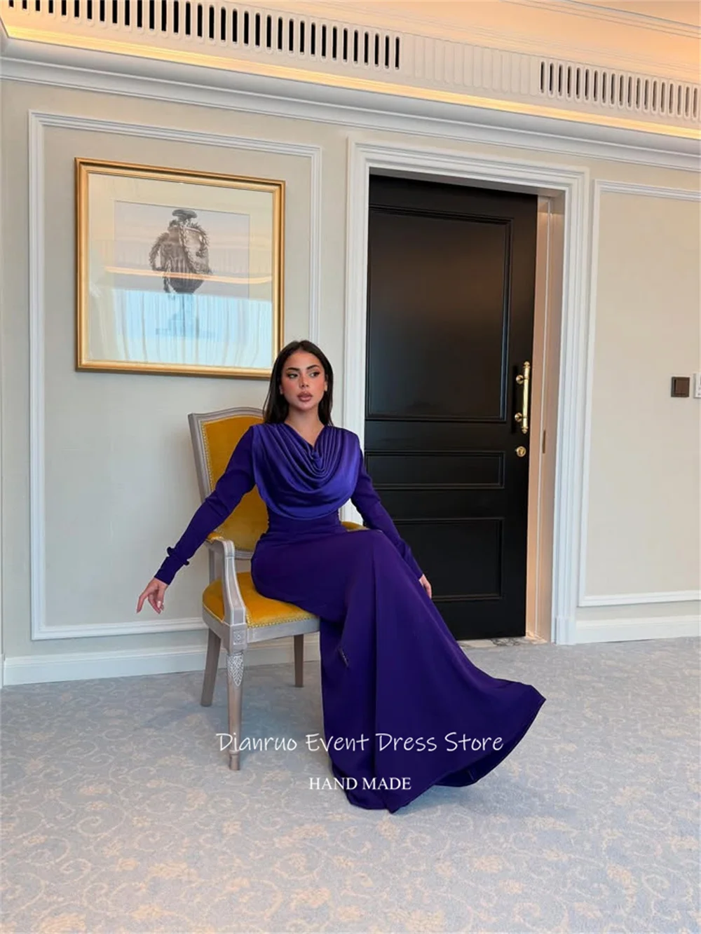 Dianruo Фиолетовые вечерние платья с капюшоном и вырезом Атласные платья русалки для гостей длиной до пола Bodycon Fit Robes De Cocktail по индивидуальному заказу