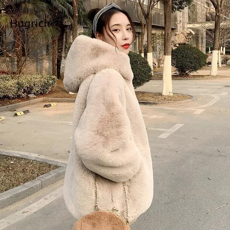 Women Oversized Hooded Faux Fur Coat Long Sleeve Warm Plush Fuzzy Outerwear Loose Fit Winter Jacket For Street Style