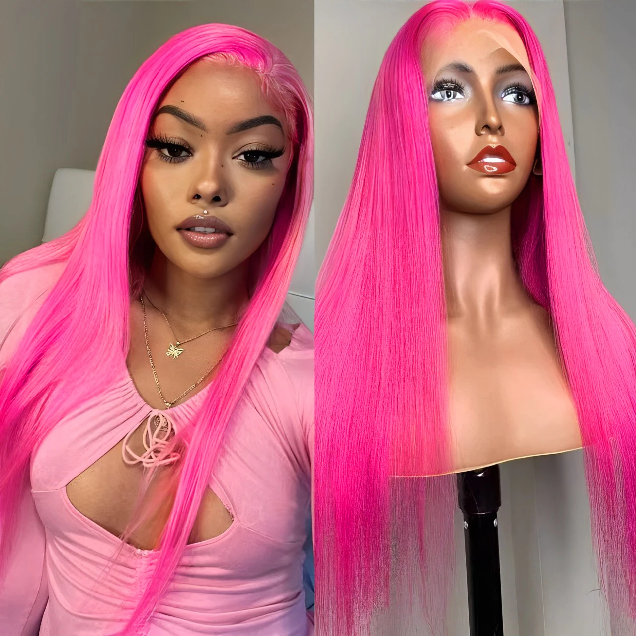 

Pink Wig Long Straight Synthetic Hair Rose Red Hot Pink Heat Fiber Lace Front Wigs Pink Fashion Hair Women Cosplay Makeup Wear