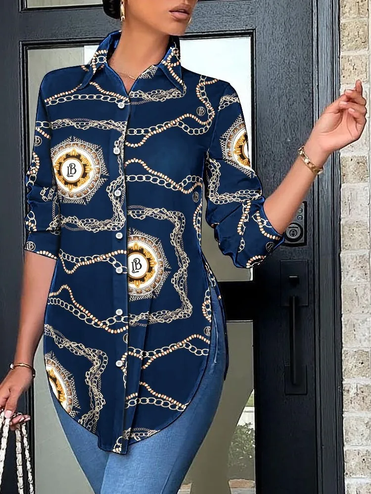 Autumn New Casual Shirt Women Turn Down Collar Print Long Sleeve Shirts Loose Casual Split Blouse Button Tops Office Ladies