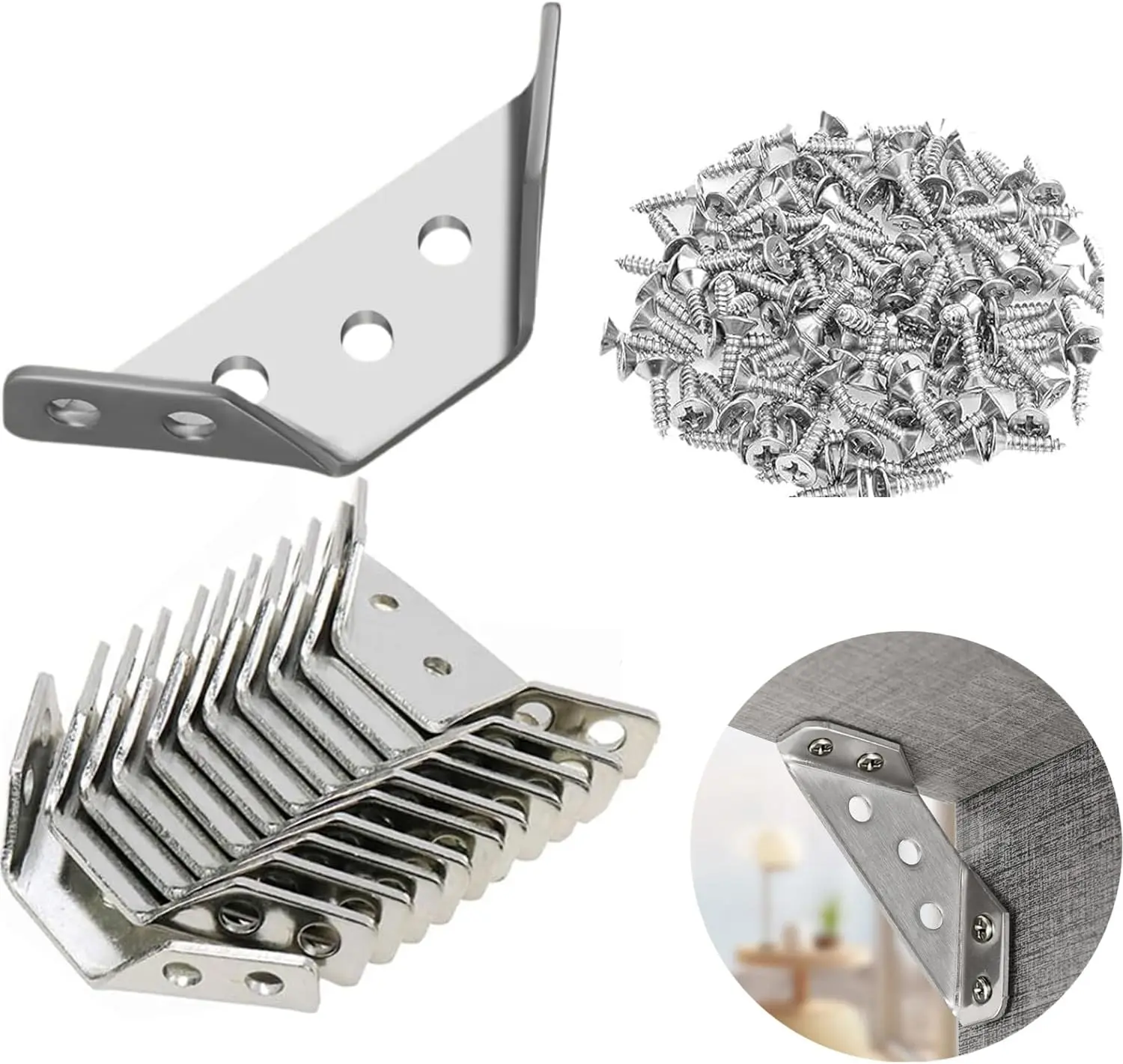Universal Stainless Steel Furniture Corner Connector with Screws, 10-Piece Corner Bracket (for Chairs, Drawers, Cabinets, etc.)