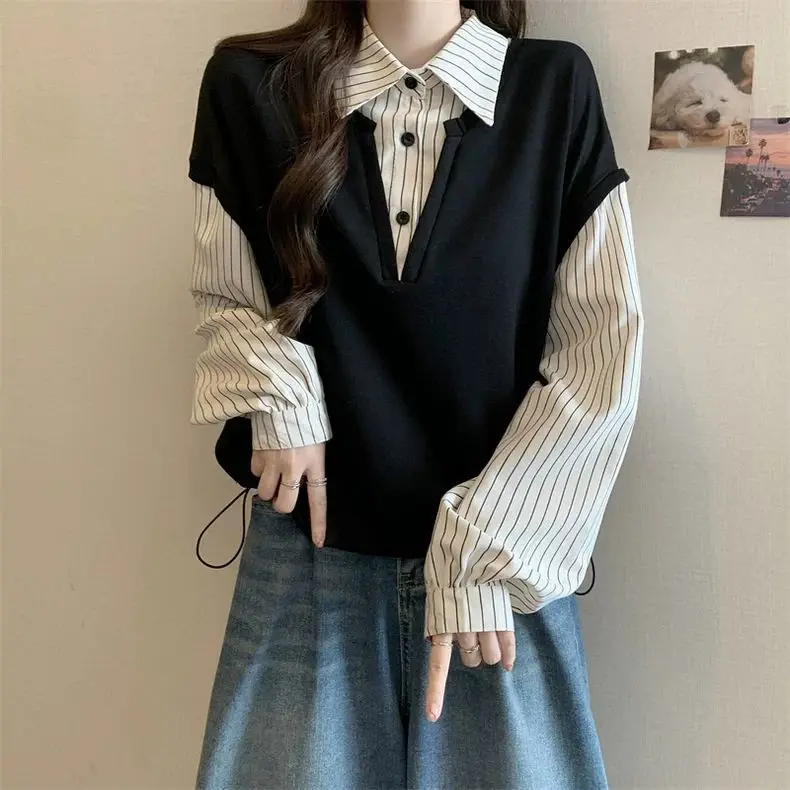 

Fake Two-piece Spliced polo Collar Long-sleeved Sweatshirt for Women Early Autumn New Drawstring Top